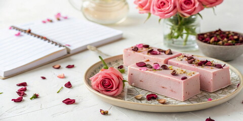 Pink rose petal dessert with flowers on elegant table setting
