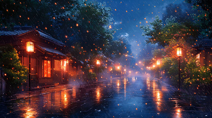Obraz premium Rainy Night in a Japanese Village Street Scene