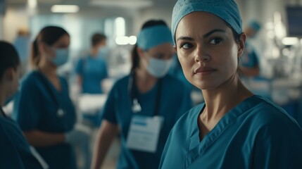 Fototapeta premium Woman in a blue scrubs is standing in front of a group of other people
