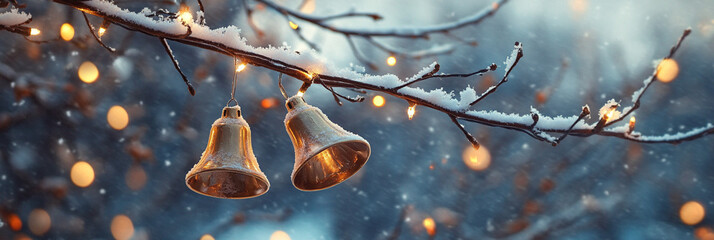 Golden bells hanging on a snowy tree branch, with blurred festive lights in the background. Ideal for holiday-themed designs and winter seasonal decorations.

