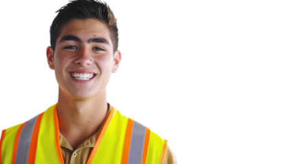 American caucasian young male engineer with safety helmet on white background

