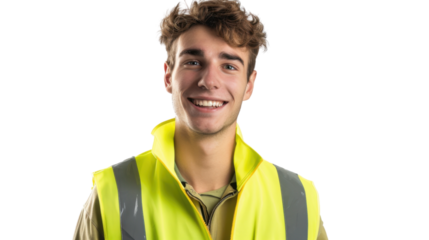 American caucasian young male engineer with safety helmet on white background
