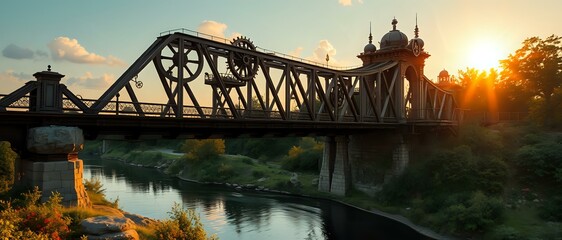 Serene Steampunk Sunset Bridge over River - Adobe Stock