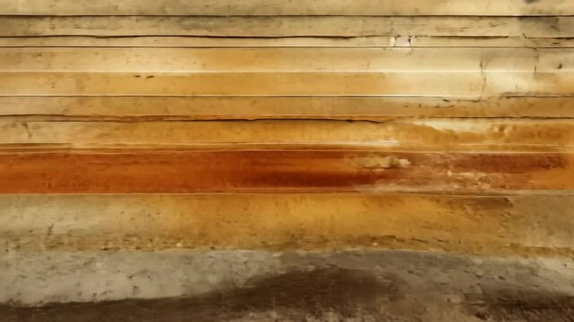 Rammed earth wall formed from compact layers of natural earth tones. Sturdy, Ai Generated.