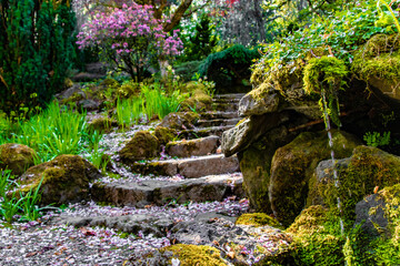 Stone Staircase in Peacefull Lush Garden in Oregon