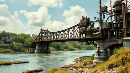 Vintage Steampunk Bridge Over Serene River