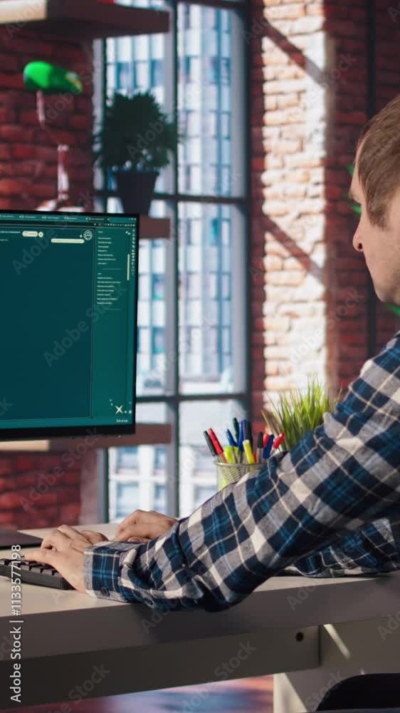 Fototapete Person at home getting tasks done with AI program turning text prompt into videos. Man using computer to make use of text to video artificial intelligence generative models, camera A