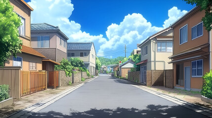 Sunny Day Suburban Street Scene Japanese Houses