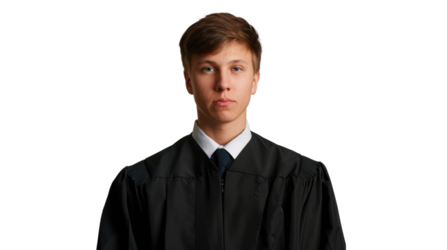 American young male judge on white background
