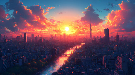 Vibrant Sunset Over City Skyline River And Tower