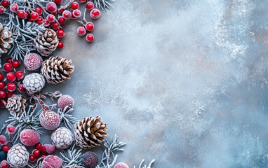 Frost-covered berries and pinecones with a soft-focus background, offering space for copy. Ideal for winter holiday designs and festive seasonal themes.

