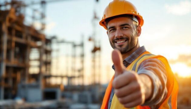 A smiling construction worker wearing safety gear gives a thumbs up on a construction site at sunset, representing positivity and job satisfaction in the building and construction industry.

