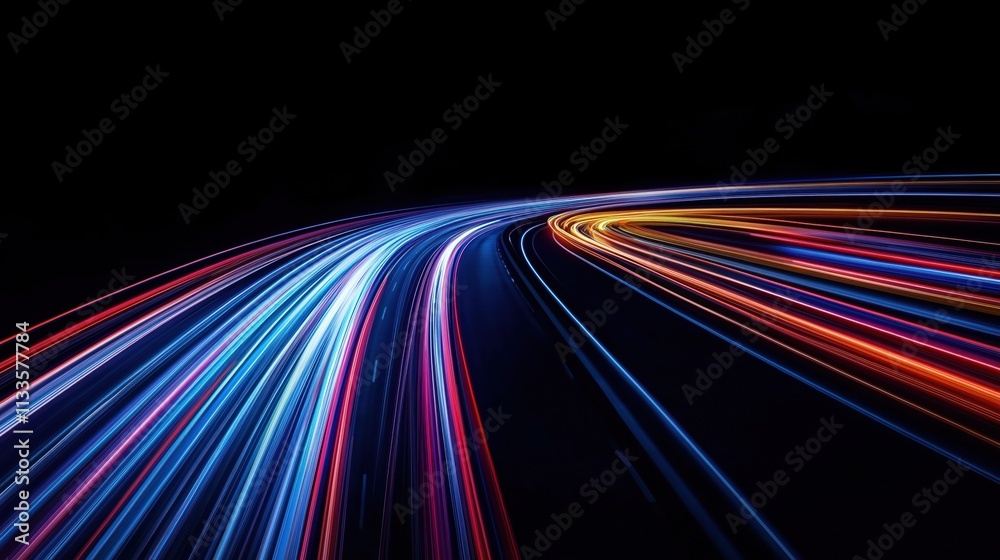 Poster abstract light trails create dynamic tech motion. long exposure captures speed and data transfer. ni
