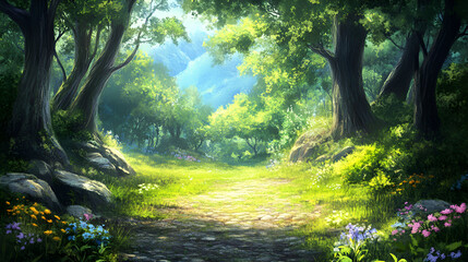 Obraz premium Sunlit Path Through A Lush Green Forest