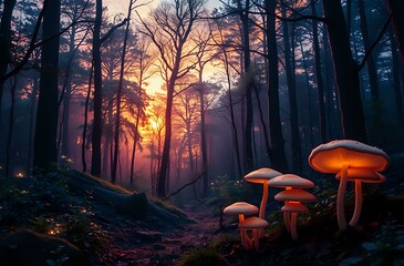 Magical Sunset Forest with Glowing Mushrooms