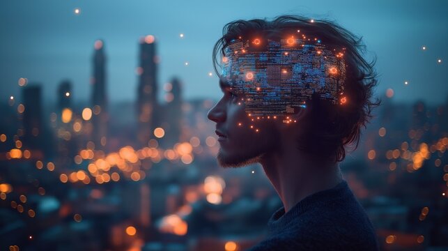 Man contemplates tech innovation dusk city. Digital tech overlay on head. Evening cityscape. Thoughtful expression. Urban tech vibes. Creative innovation in tech world. City lights blurred