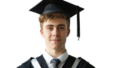 American young male in university graduate uniform and graduate cap on white background
