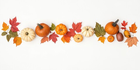 Fototapeta premium Autumnal display of pumpkins, leaves. Small pumpkins in orange, cream colors. Colorful autumn leaves in reds oranges, browns. Arrangement on plain white background. Image evokes sense of fall