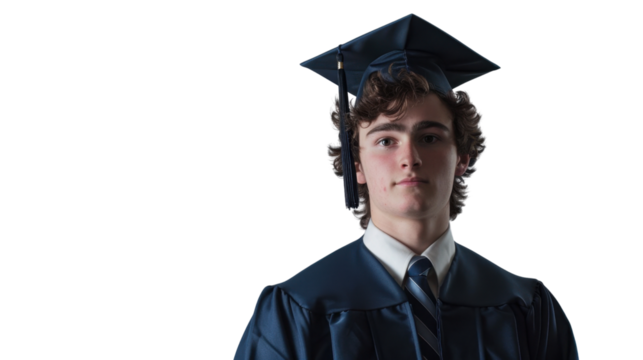 American young male in university graduate uniform and graduate cap on white background