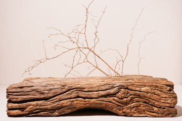 Wooden podium mockup, on a beige background, mockup for your product stand