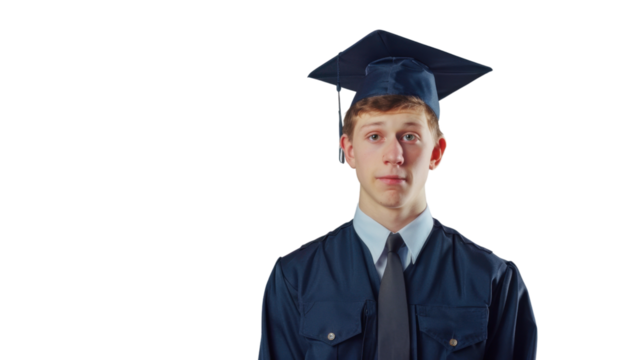 American young male in university graduate uniform and graduate cap on white background
- Powered by Adobe