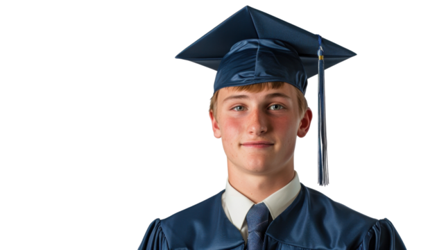American young male in university graduate uniform and graduate cap on white background
