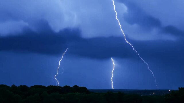 Dramatic night sky with multiple lightning strikes illuminating dark clouds over a silhouetted horizon.