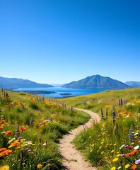Art Deco Wildflower Meadow with Mountain Lake Path