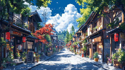 Obraz premium Sunny Day in a Quaint Japanese Street Village