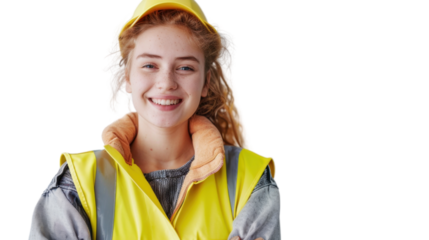 American caucasian young female engineer on white background
