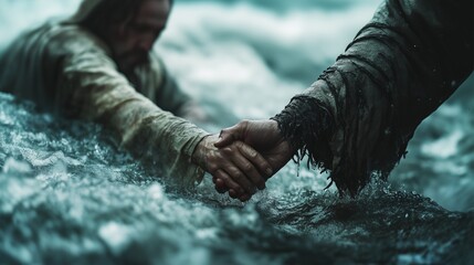 Jesus Christ Walking on Water Lends Hand to Peter who Sinks in Waves, Biblical New Testament Christianity Scene