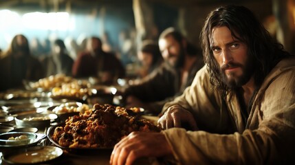 Jesus Christ Dines with Sinners and Tax Collectors, Biblical New Testament Christianity Depiction, Copy Space