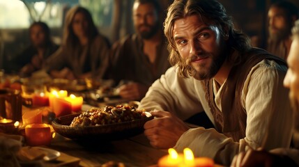 Jesus Christ Dines with Sinners and Tax Collectors, Biblical New Testament Christianity Depiction, Copy Space