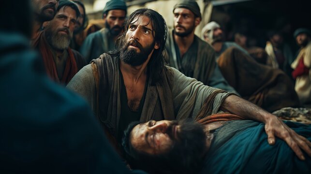 Jesus Heals the Paralytic: Jesus Christ Forgives and Heals a Paralyzed Man, Biblical New Testament Depiction Scene