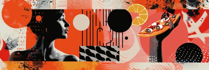 Abstract Collage of Woman, Food, and Geometric Shapes A vibrant orange and black artwork featuring a woman's profile, a pizza slice, citrus fruit
