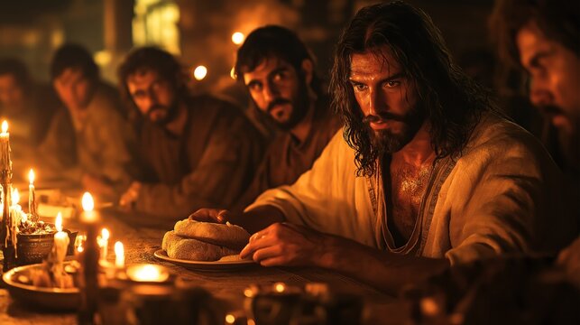 The Last Supper: Jesus Christ Shares Bread and Wine with his Disciples, Biblical New Testament Depiction, Copy Space