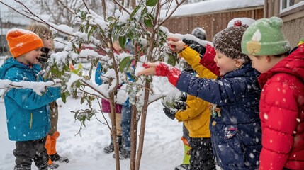 Children Decorating Tree Outdoors in Winter Wonderland
