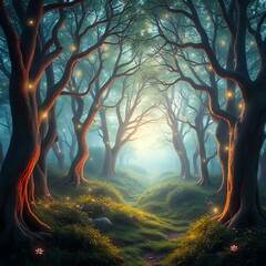 Magical Dawn Forest with Glowing Trees