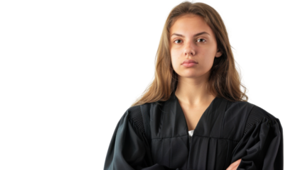 American young female judge on white background
