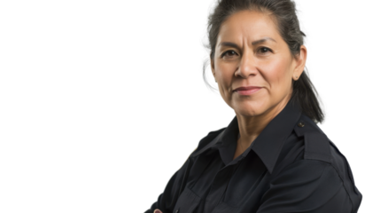 A police officer mexican middle age woman on white background
