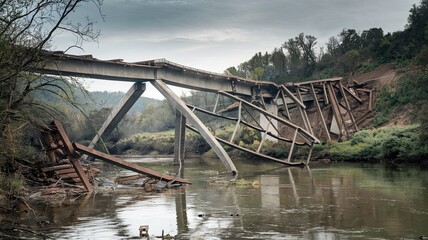 Fototapeta premium Collapsed Bridge Over River with Broken Beams and Debris After War