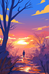 Person is walking in a forest near a river