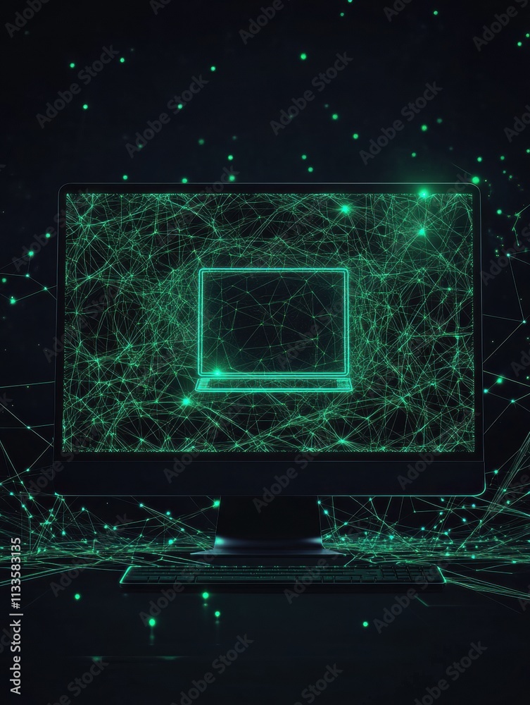 Leinwandbilder a vibrant green network grid surrounds a monitor icon, signifying advanced digital connectivity and 