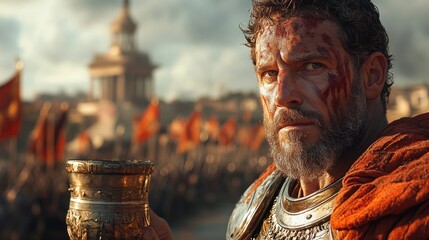 Bloody warrior holds golden goblet, army blurred.