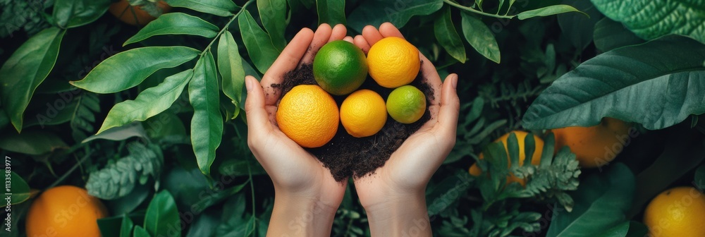 Poster hands cradle a selection of fresh fruits nestled in fertile soil, surrounded by lush green leaves in