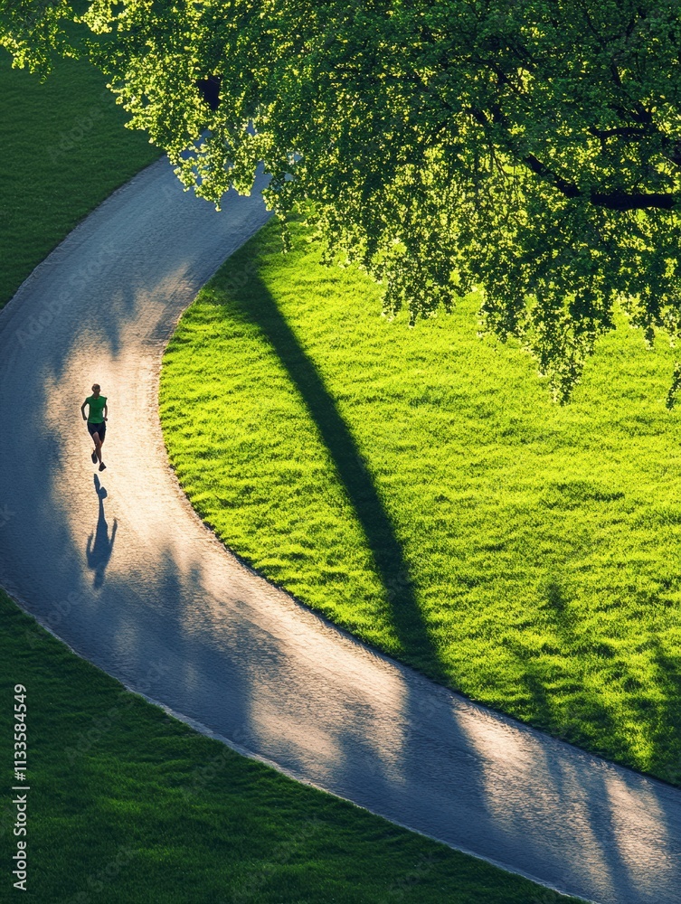 Poster a lone runner moves gracefully on a curving path in a vibrant green park, surrounded by the serenity