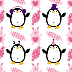 Valentine love hearts seamless 14 February penguin pattern for wrapping paper