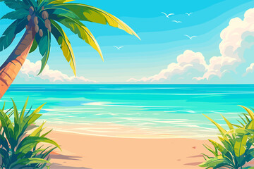 Beautiful beach scene with a palm tree in the foreground