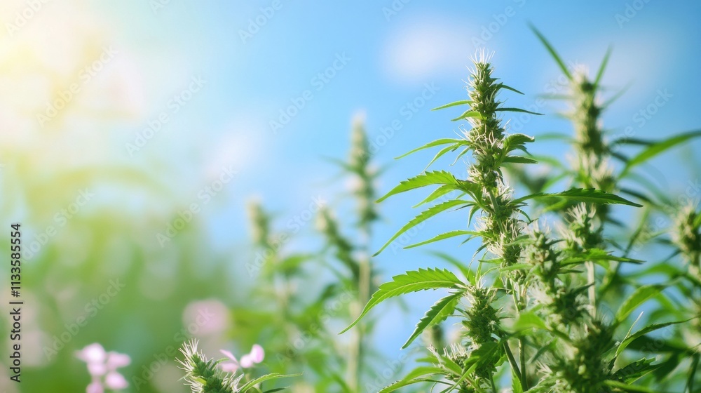 Aufkleber Branches of hemp plants stretch towards the sky, basking in vibrant sunlight with a serene backdrop of greenery. Generative AI