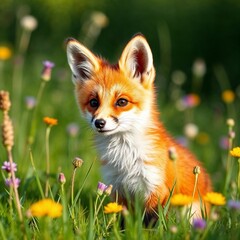 Cute red fox sitting in a meadow surrounded by colorful flowers